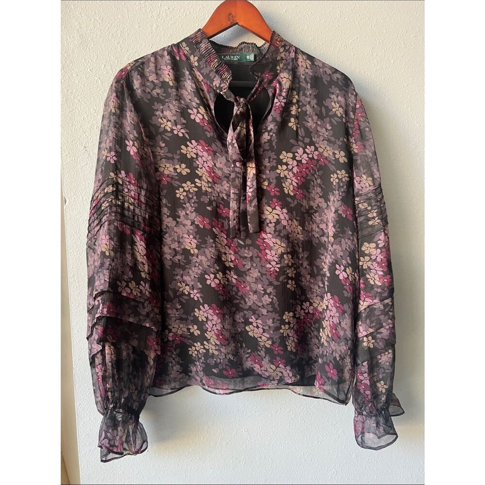 Lauren Ralph Lauren Sheer Floral Tie-Neck Blouse in Black and Pink
